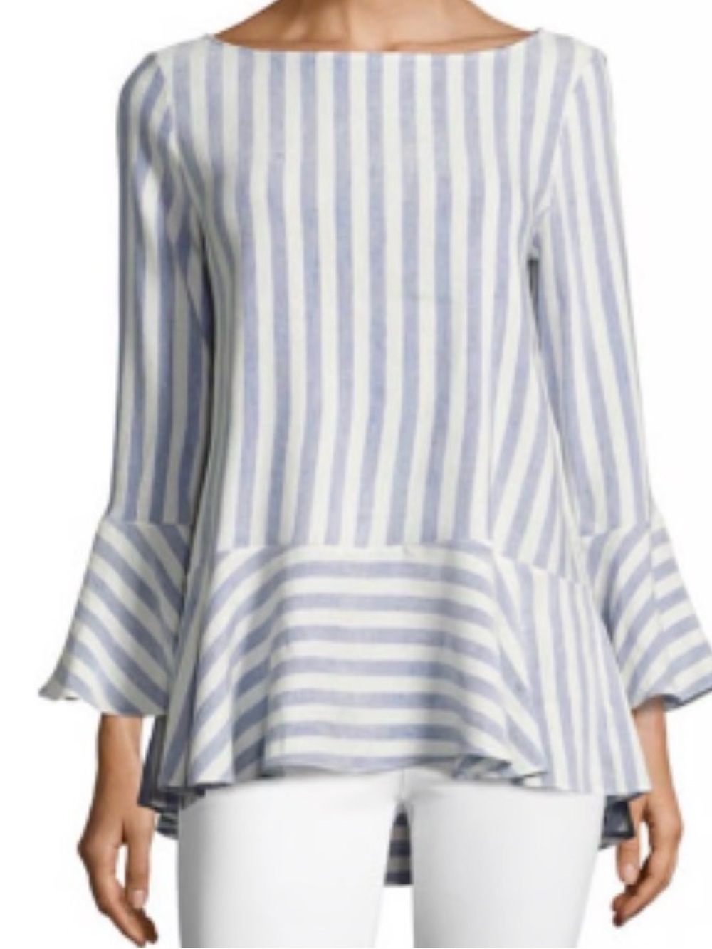 Alice + Olivia Blue and White Striped Bell-Sleeve Peplum Tunic